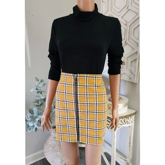 Express Skirts Express Yellow Plaid Front Zipper Straight Mini